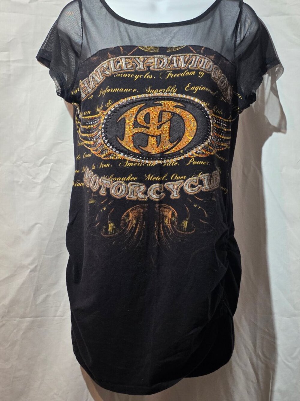 Harley-Davidson Bling Graphic Top with Sheer Mesh Shoulders - Size XS Descriptio
